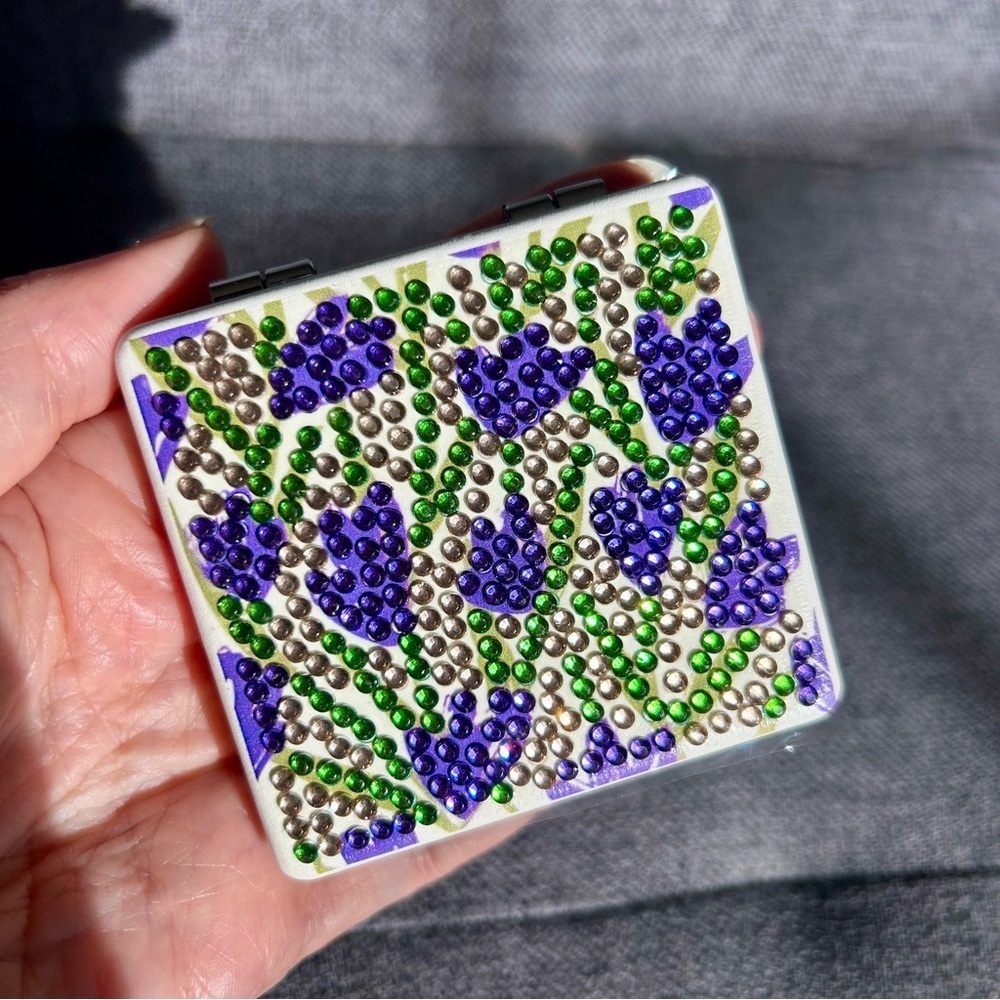 Diamond Art Floral Compact Mirror, Double-Sided, Sparkly (PURPLE, GREEN)